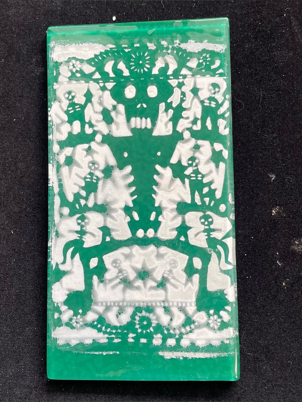 “Halloween Skeleton“Fused Art Glass Green Plaque 8”x4”Original Design W/stand